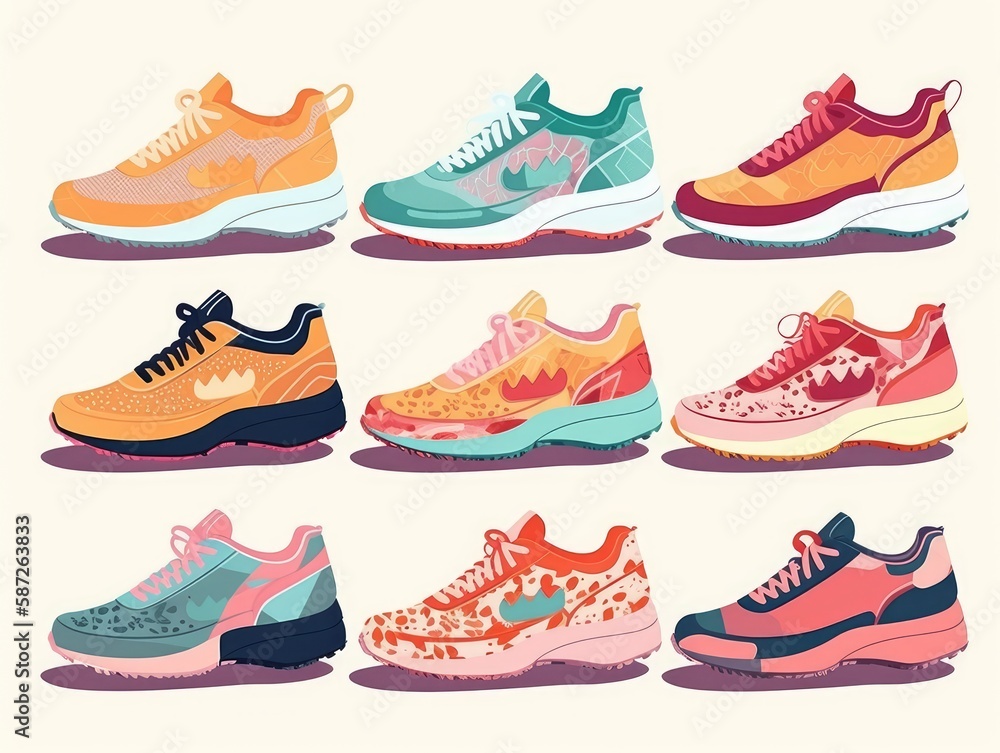 A set of colorful and stylish sneakers on a white background A set of colorful and stylish sneakers on a white background