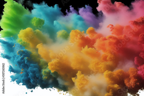 Colorful abstract cloud of smoke flying in the air white background, 3D rendering, generative art.Colors Holi, spring festival Holi.Generative AI.