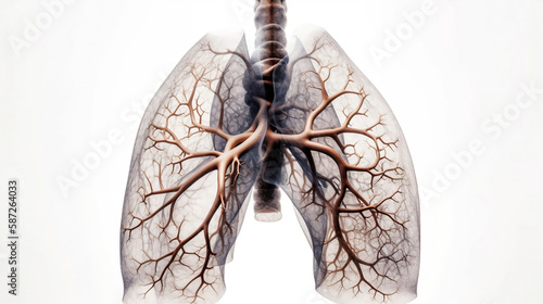 The anatomical human lung is a pair of organs that facilitate the exchange of oxygen and carbon dioxide between the air and the bloodstream. They are composed of bronchi, bronchioles, and alveoli, and photo