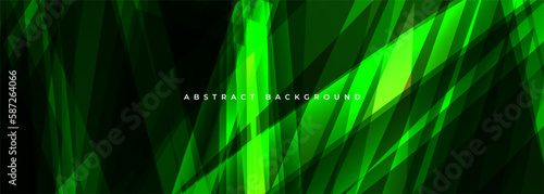 Abstract wide green background with geometric dynamic glowing polygonal shapes. Modern trandy abstract dark green background for business, corporate, brochure, banner, cover or poster. 