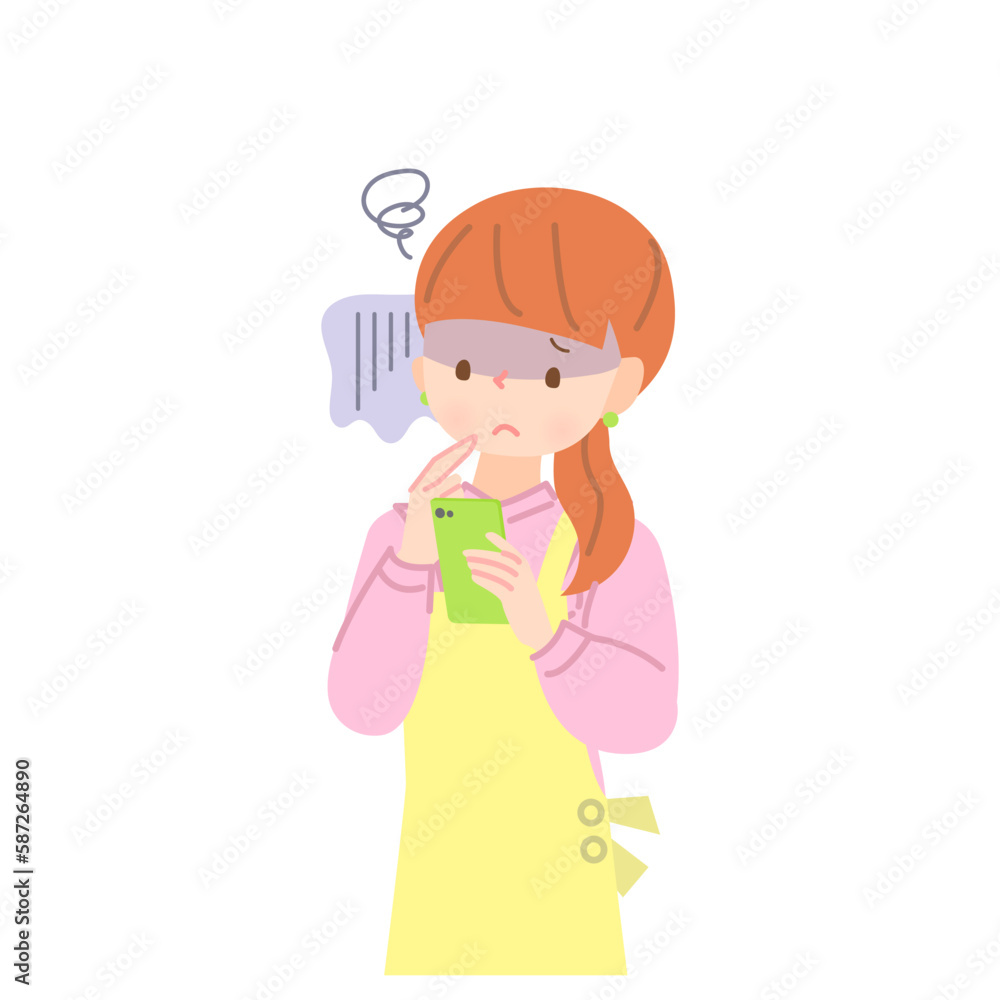 スマホの画面をて不安な顔をするエプロン姿の女性 スマホの画面をて不安な顔をするエプロン姿の女性