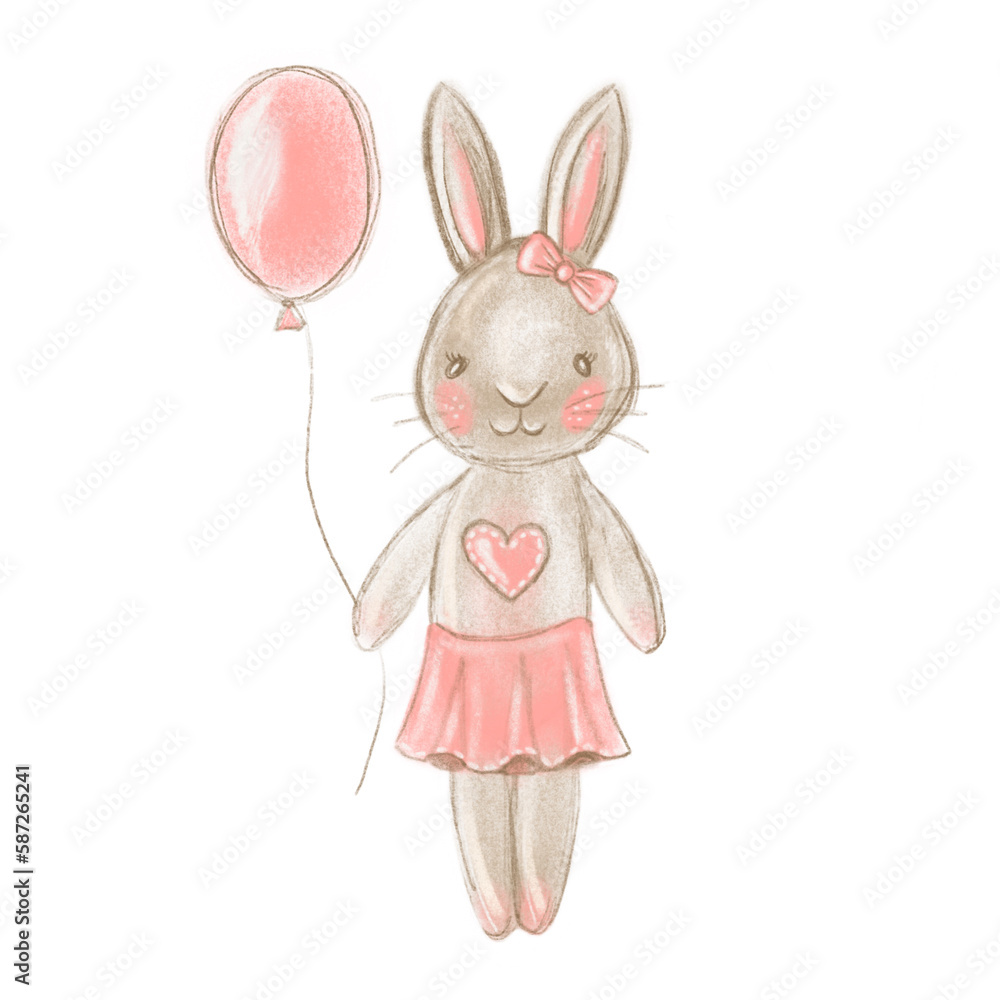 Digital painting Cute cartoon baby bunny, hare with balloon. Hand drawn illustration. Digital painting Cute cartoon baby bunny, hare with balloon. Hand drawn illustration.