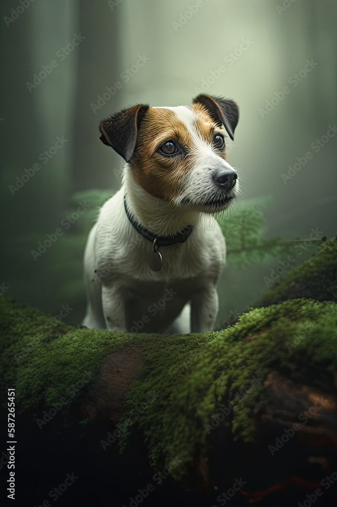 Ein Jack Russel Hund im Nebel des Waldes created with generative AI