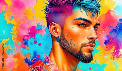 Artistic colorful watercolor portrait of an alternative beautiful man, paint splashes, paint stains, splatters. generative AI © Pictures Paradise