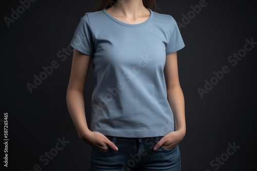 Model wearing a blue t-shirt