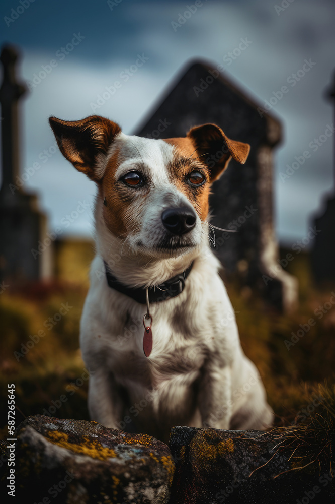Ein Jack Russel Hund auf einem Friedhof created with generative AI