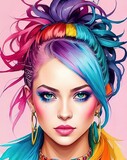 Artistic colorful watercolor portrait of an alternative beautiful woman, paint splashes, paint stains, splatters. generative AI