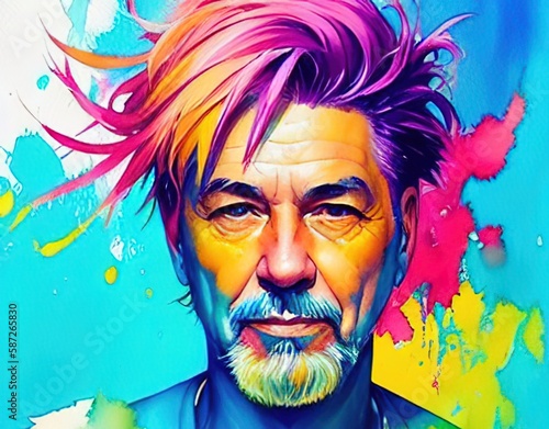 Artistic colorful watercolor portrait of a beautiful alternative older man, paint splashes. colorful paints smudges, spatter. Senior, grandfather, elderly, old. generative AI