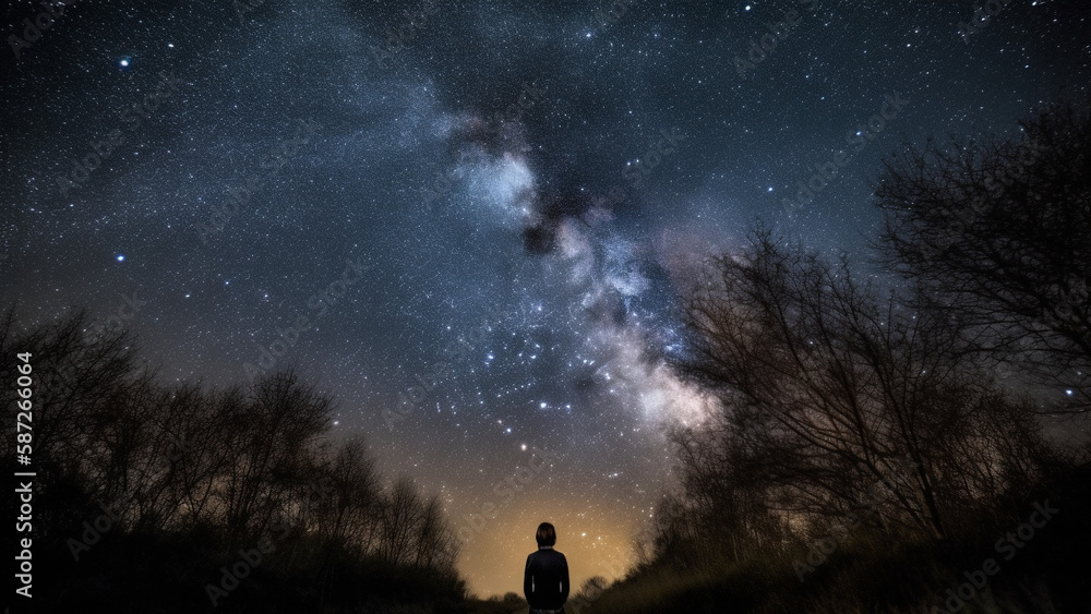 美しい星空と見上げる人 Beautiful starry sky and people looking up Generative AI 画像生成AI
