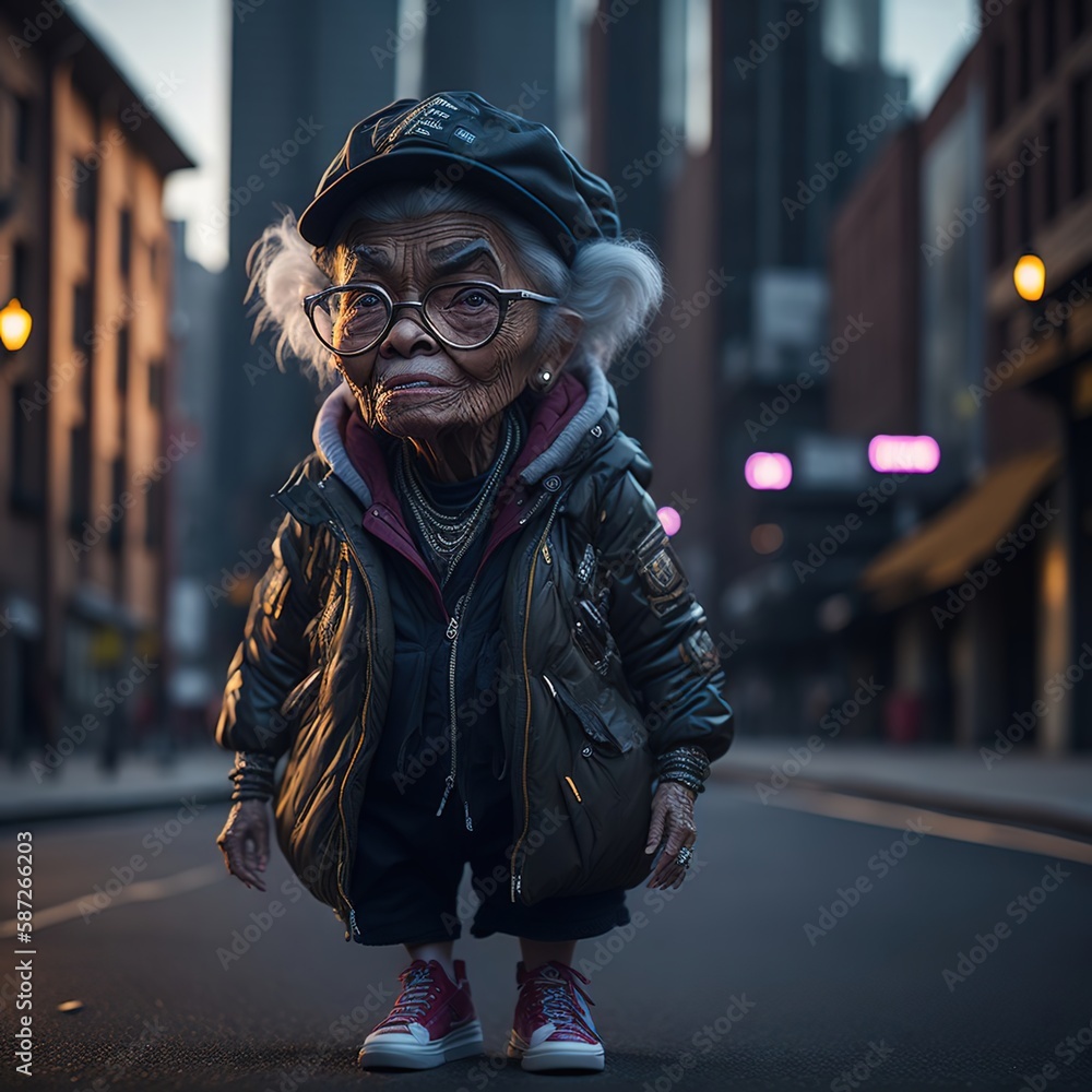 Cute Kawaii older woman, dressed in leather clothing hip hop street gang style. Fashionable heavy rock. Old, granny, grandma. City background. Ai generative