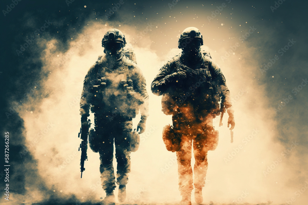 War concept. Armed soldiers with explosions on background. AI War concept. Armed soldiers with explosions on background. AI