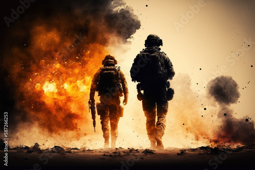 War concept. Armed soldiers with explosions on background. AI