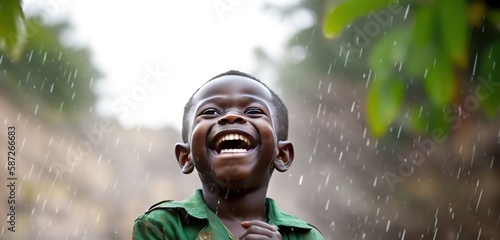 Little native African boy in the rain. Concept water for Africa. Ai generative