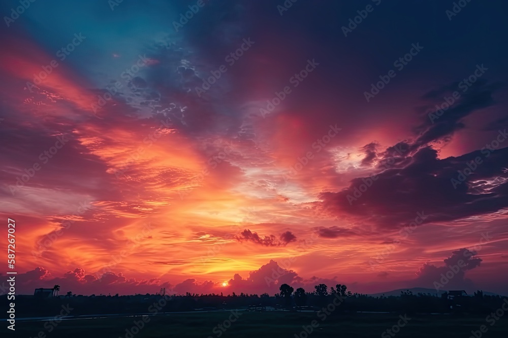 Colorful sky concept. Stunning sunset with vibrant twilight sky and clouds in a dramatic background. Generative AI