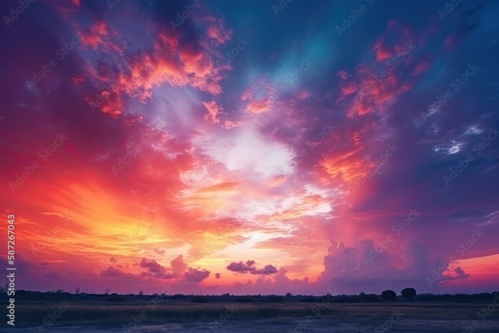 Colorful sky concept. Stunning sunset with vibrant twilight sky and clouds in a dramatic background. Generative AI