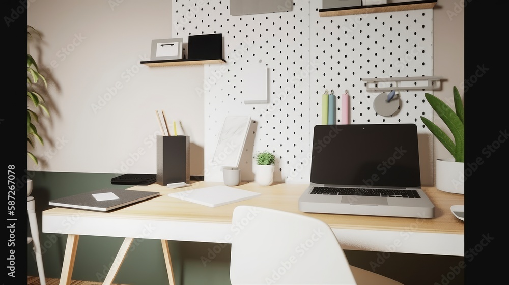 A home office with a laptop and a house with a house with a white board on the wall. Generative AI A home office with a laptop and a house with a house with a white board on the wall. Generative AI