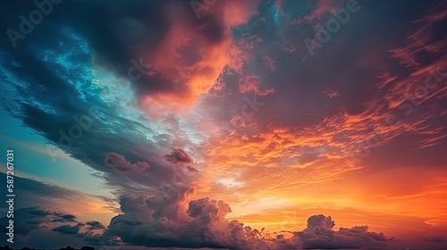 Colorful sky concept. Stunning sunset with vibrant twilight sky and clouds in a dramatic background. Generative AI