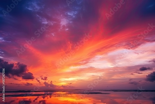 Colorful sky concept. Stunning sunset with vibrant twilight sky and clouds in a dramatic background. Generative AI © Gelpi