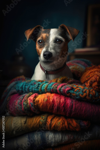 Ein Jack Russel Hund auf bunten Stoffen gebettet created with generative AI © Maximilian