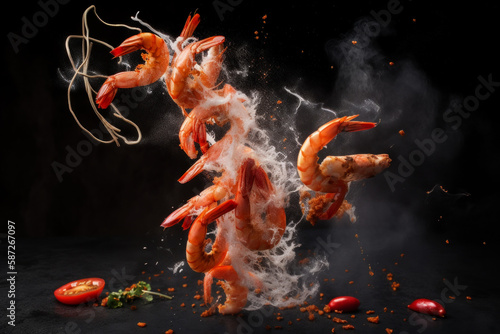 Delicious fresh prawns and chilli cooked food. Generative ai © ink drop