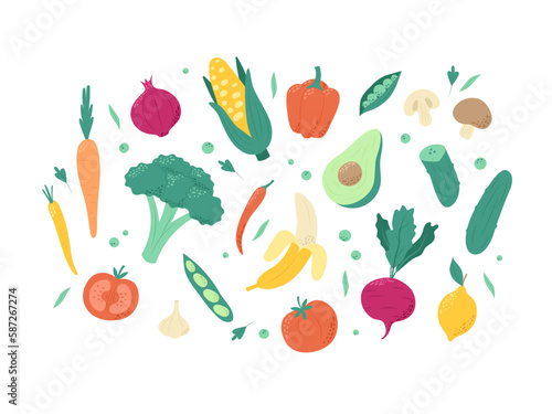 Fruits and vegetables, set of healthy vegetarian or vegan food. Hand drawn vector illustration in trendy minimalist style