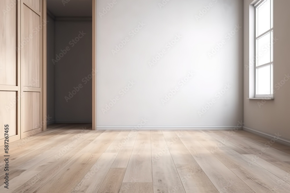 Blank room white wall and wooden floor background with Generative AI Blank room white wall and wooden floor background with Generative AI