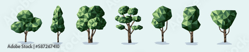 Set of low poly trees. Geometric 3D trees. Vector.