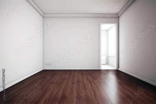 Blank room white wall and wooden floor background with Generative AI © YandiDesigns