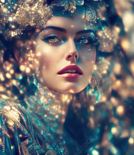 Artistic portrait of beautiful woman with jewelry and bokeh background. Ai generative.