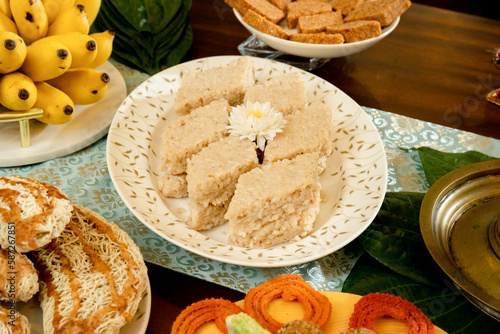 Dish of Milk Rice in Sri Lankan Traditional Aurudu Sweets Table