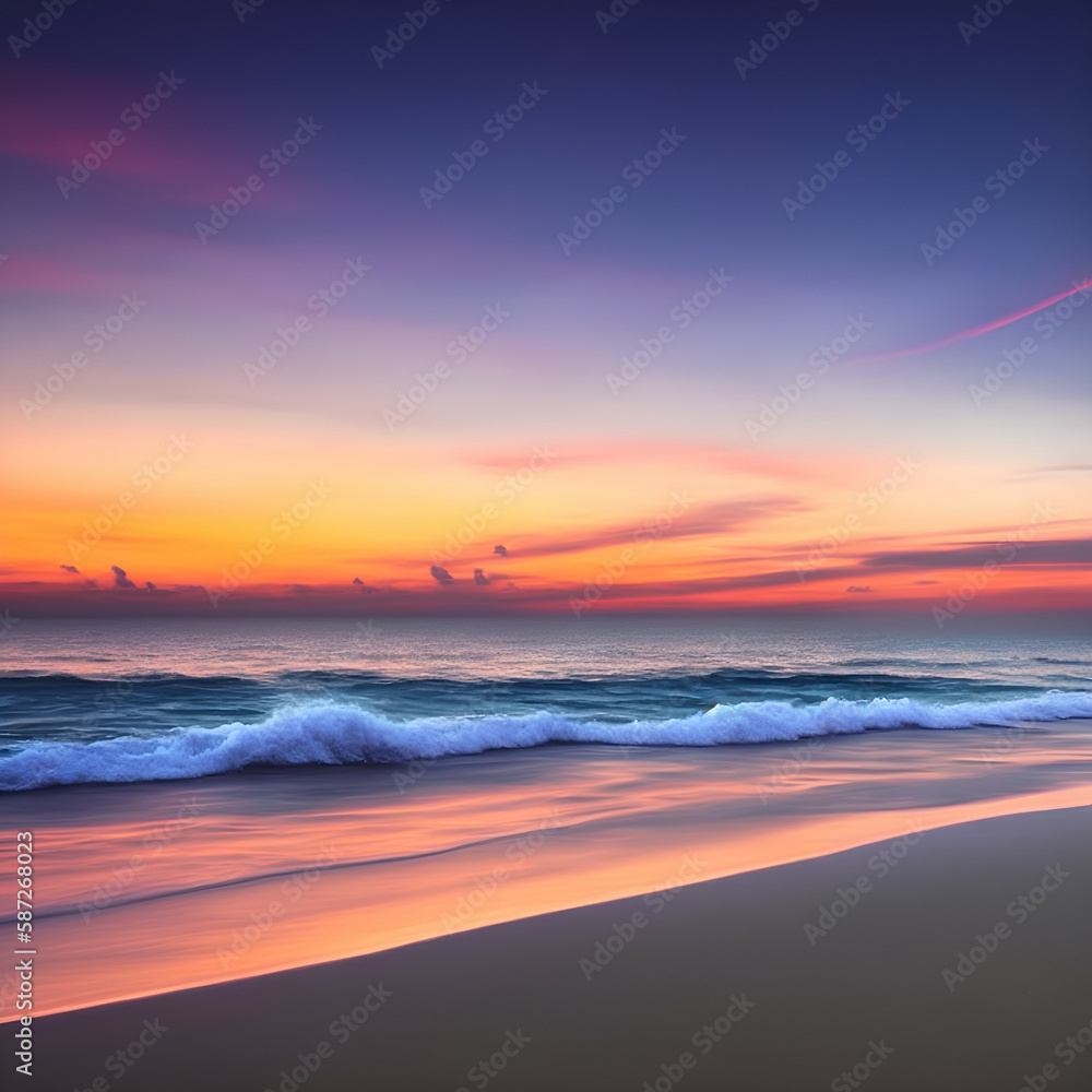 Obraz premium sunset at the beach - Beach landscape - Calm beach background for design - landscape for design - Generative AI