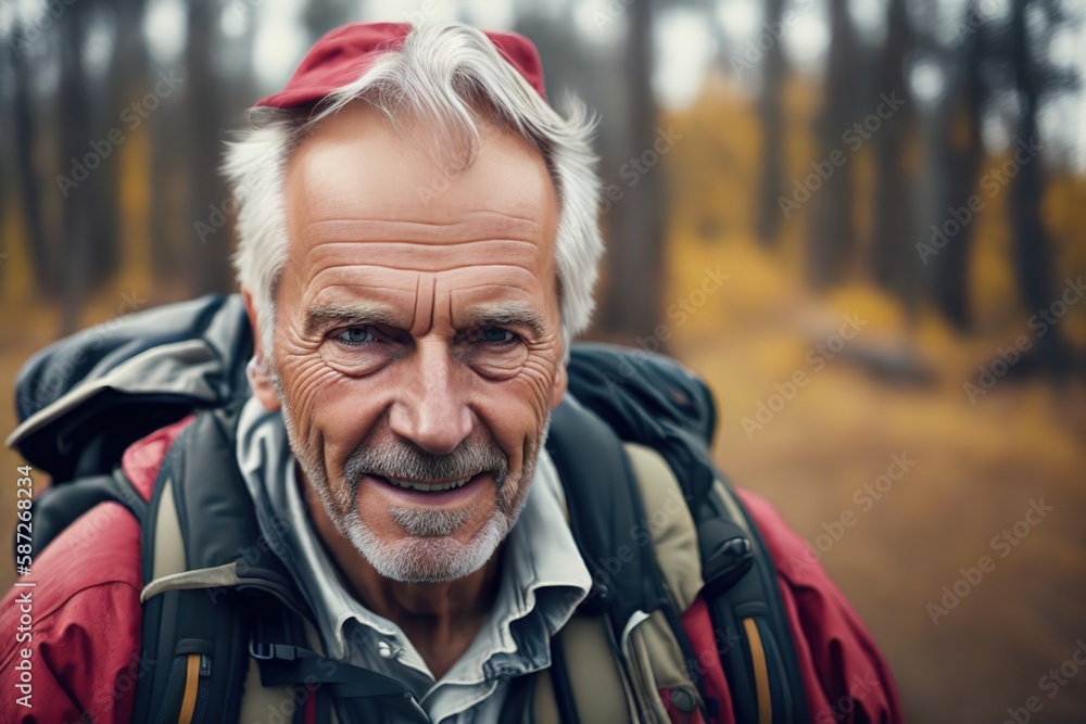 Portrait of a senior man carrying a backpack, looking at camera and smiling. Fit old man on a hiking trip. Generative AI Portrait of a senior man carrying a backpack, looking at camera and smiling. Fit old man on a hiking trip. Generative AI