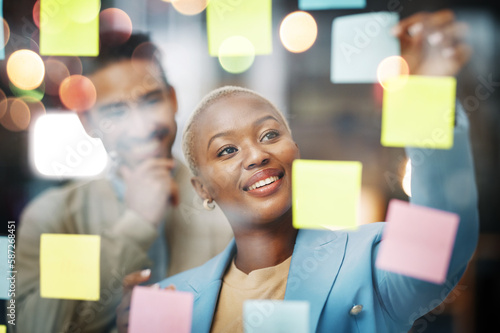 Картината върху платно Planning, writing and business people in schedule, brainstorm or agenda, sticky note or innovation
