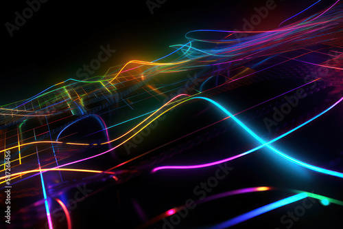 Abstract background. Multicolored neon lines and grids. AI generative.