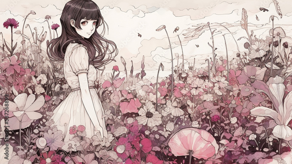 Fototapeta premium 美しい花々と少女 Beautiful Flowers and Girls, Generative AI 画像生成AI