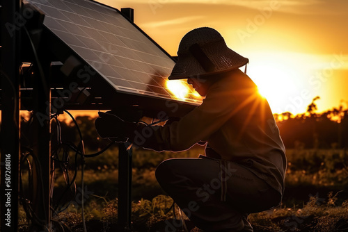 Silhouette of a Solar Panel Technician Working, Renewable Energy, Sustainability, Sun, Sunset, Background, Generative AI