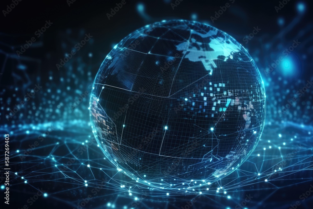 futuristic global network with interconnected lines and dots on a blue and black globe. Generative AI futuristic global network with interconnected lines and dots on a blue and black globe. Generative AI