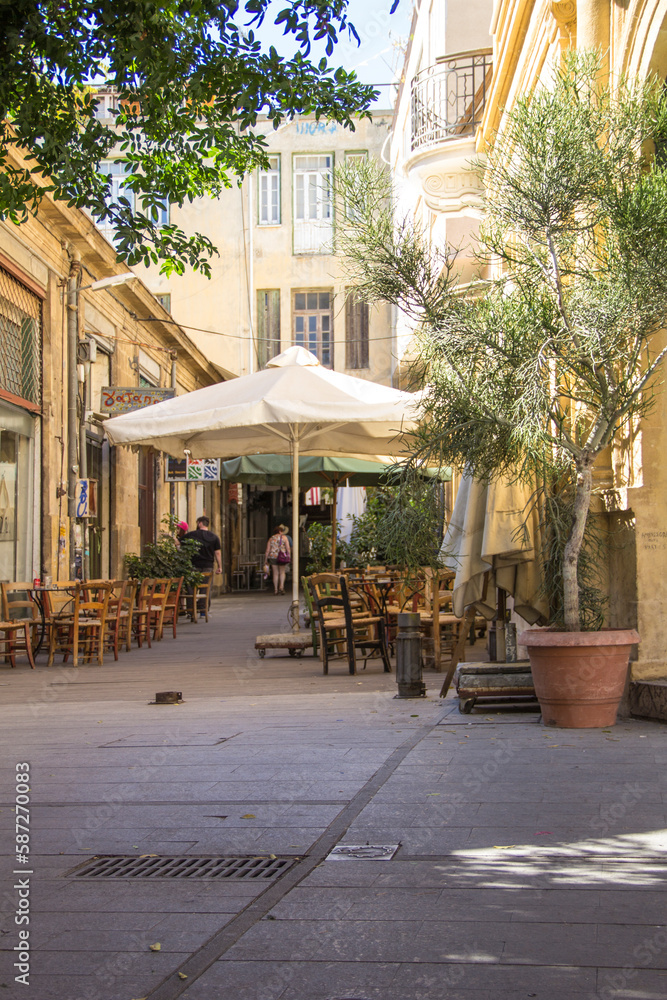 Nice view of the historic buildings and cafes in the center of Nicosia, Cyprus