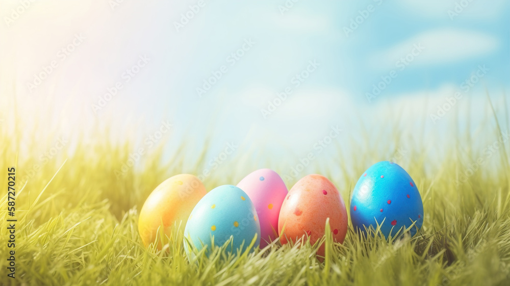 Easter eggs in the grass on a sunny spring meadow, blue sky background