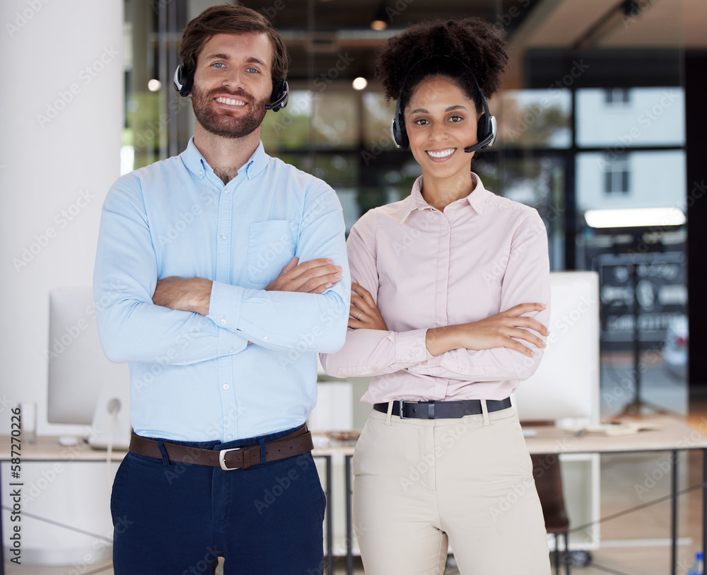 Man, woman and call center together with arms crossed in portrait with smile, collaboration and success. Customer support, consultant or agent team with solidarity, diversity and partnership at job Man, woman and call center together with arms crossed in portrait with smile, collaboration and success. Customer support, consultant or agent team with solidarity, diversity and partnership at job