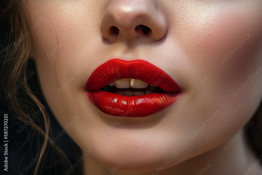 Fototapeta premium Passionate female lips with red lipstick close-up. Seductive lady mouth open. ai generated