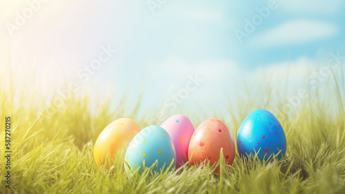 Easter eggs in the grass on a sunny spring meadow  blue sky background