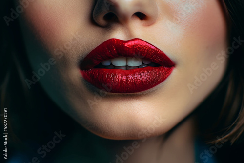 Passionate female lips with red lipstick close-up. Seductive lady mouth open. ai generated