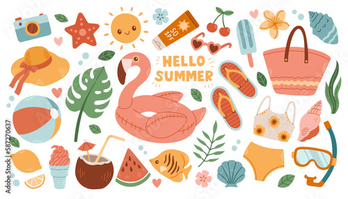Set of cute summer icons ice cream, coconut, fruits, flamingo. Collection of scrapbooking elements for beach party.
