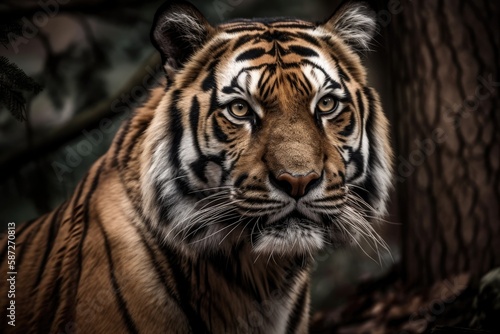 A tiger approaches and turns to face me. Generative AI