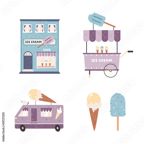 Colorful illustrations of ice cream, cafe exterior, van, bus, carriage