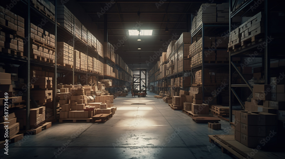 A large clean warehouse with carboard boxes and products. Generative ai.