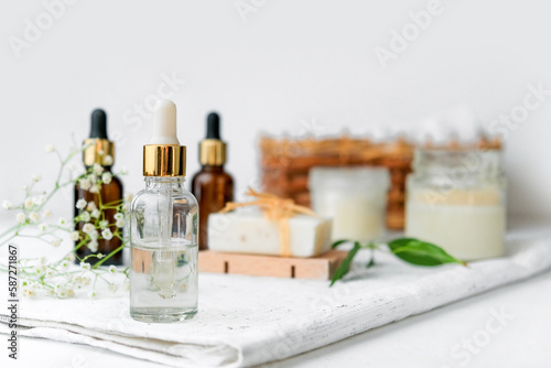 Banner Natural medicine  organic cosmetics  cosmetic product research  organic skin care products. Top view  flat lay. Skin care concept. Dermatology.