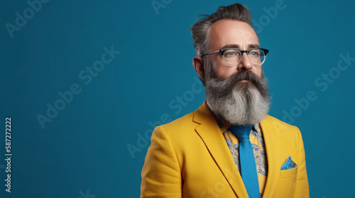 Confident Bearded Man in Colorful Suit with Eyeglasses