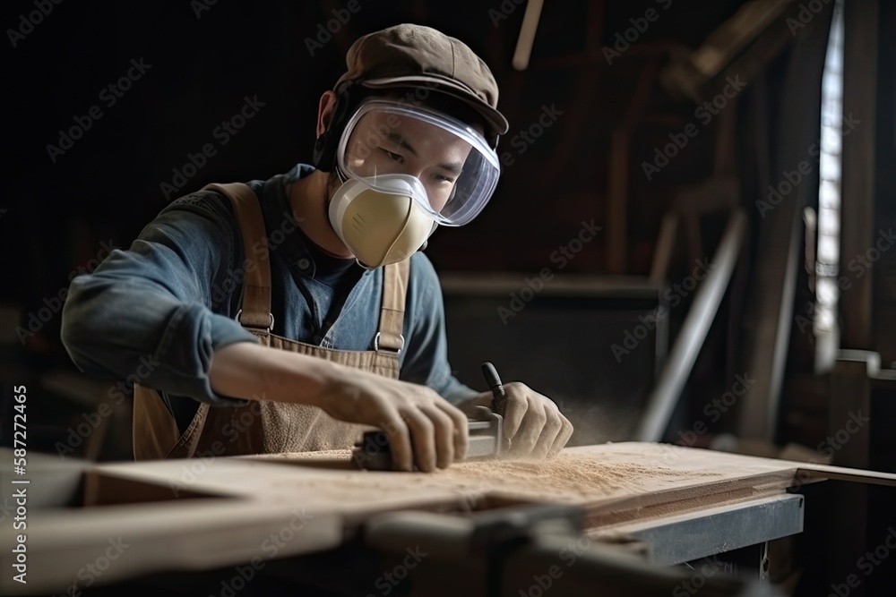 Young man carpenter wearing a dust mask factory workers Skilled carpenter cutting wood in his woodworking workshop with copy space Young man carpenter wearing a dust mask factory workers Skilled carpenter cutting wood in his woodworking workshop with copy space